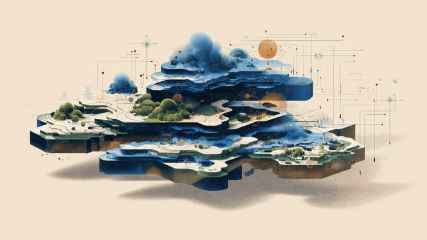 Abstract editorial illustration representing organizational learning through connected experience, institutional memory, feedback loops, and improved future decisions.